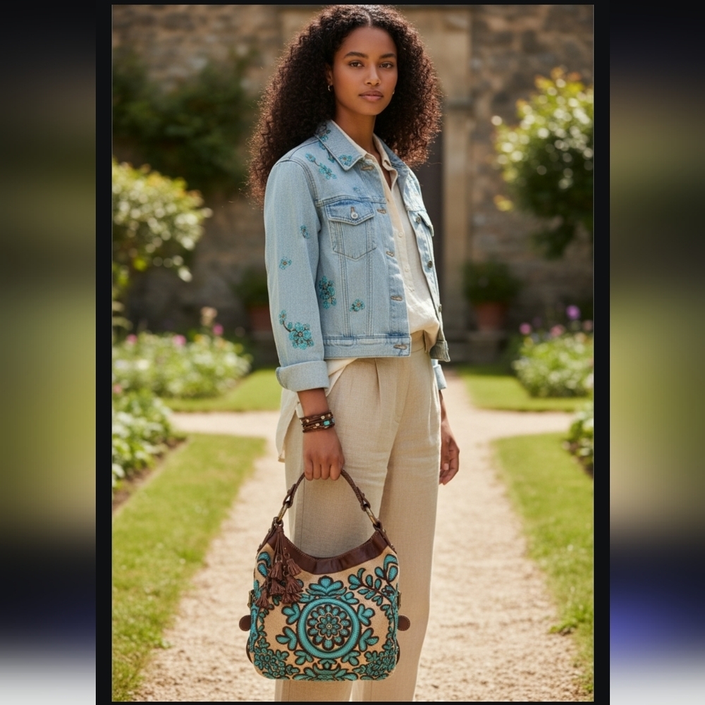 Isabella Foria RARE Turquoise Beaded Bohemian Suzani Carina Large Hobo Bag - Picture 2 of 16